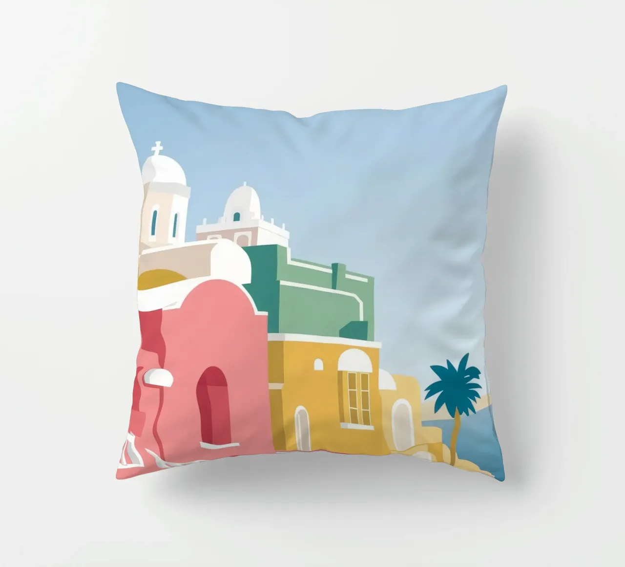 Santorini Rooftop View cuscino da Muse Artworks