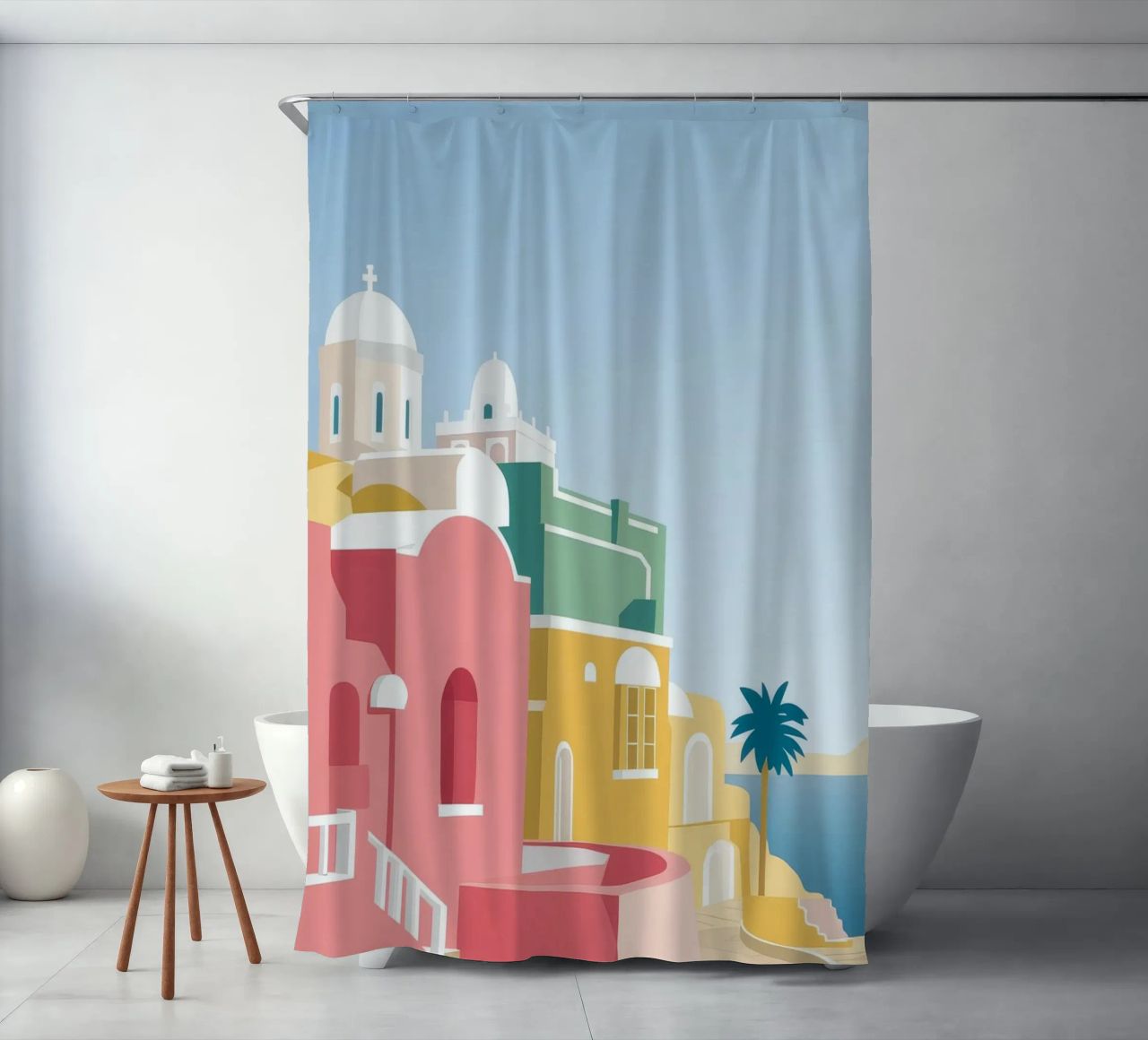 Santorini Rooftop View tenda da doccia da Muse Artworks