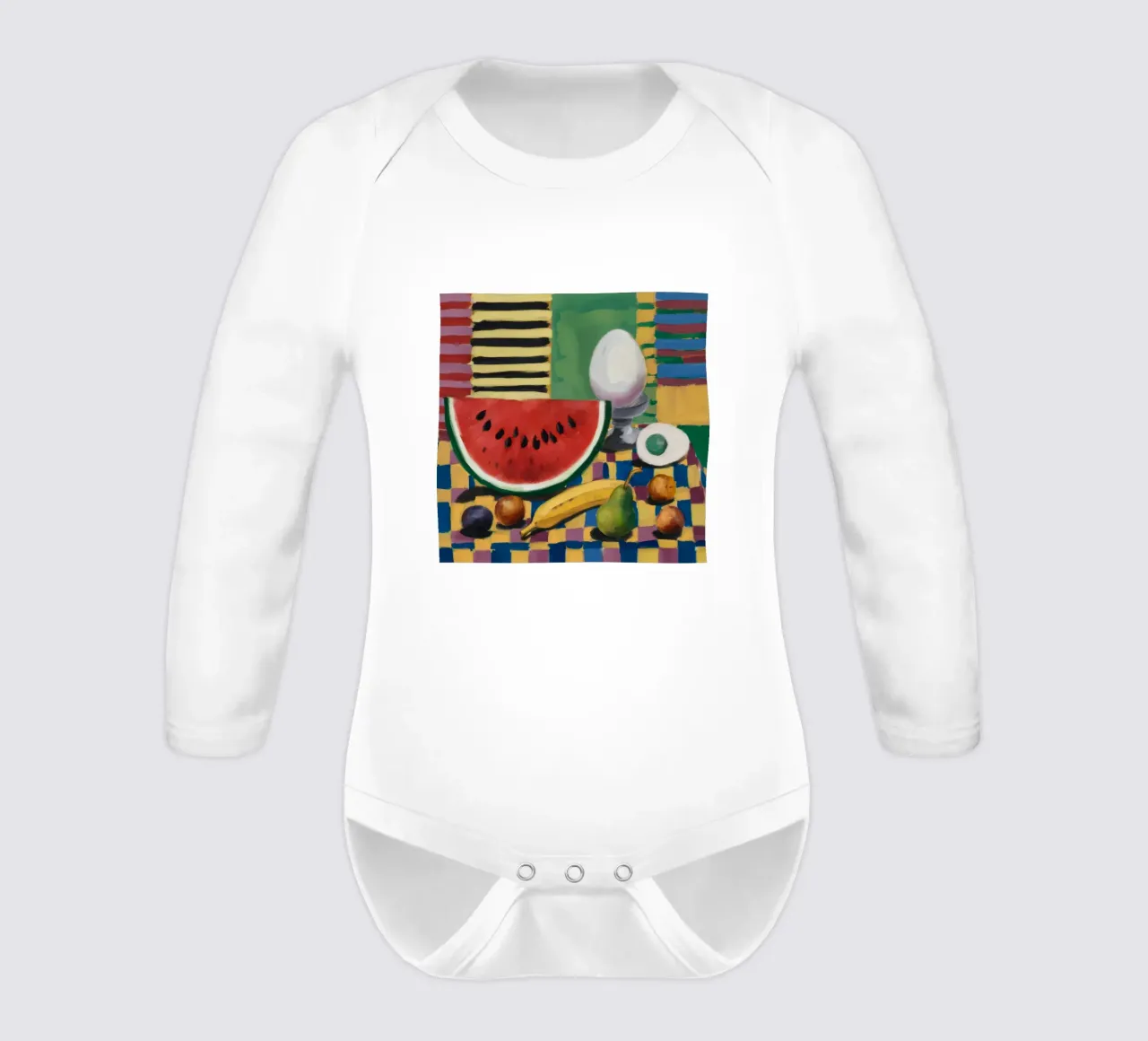 Watermelon Egg Breakfast long-sleeve baby romper by Fable Tempa