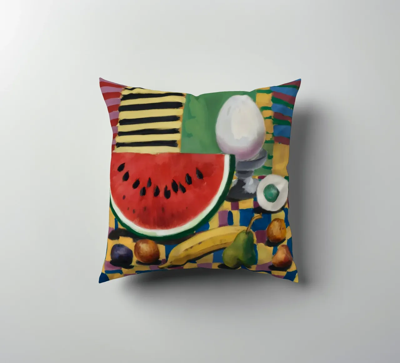 Watermelon Egg Breakfast decorative cushion by Fable Tempa