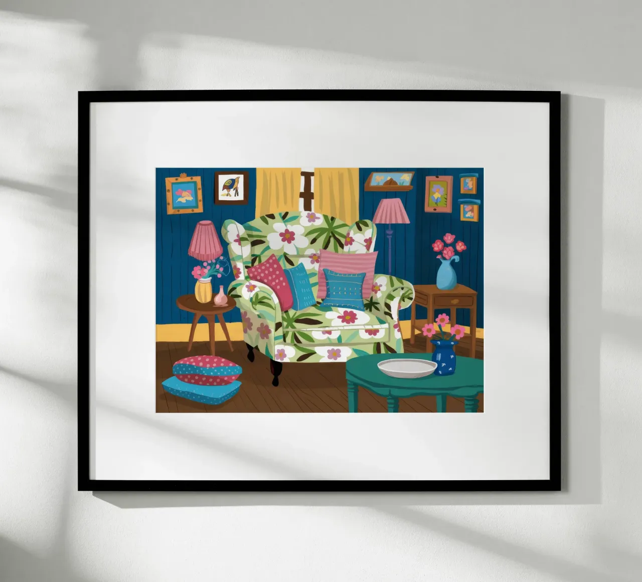 Divano blu Mix floreale poster con telaio in legno da Haven Fantasy