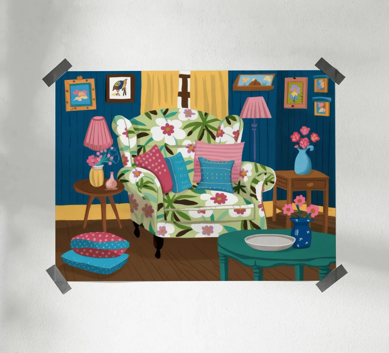 Divano blu Mix floreale poster con telaio in legno da Haven Fantasy