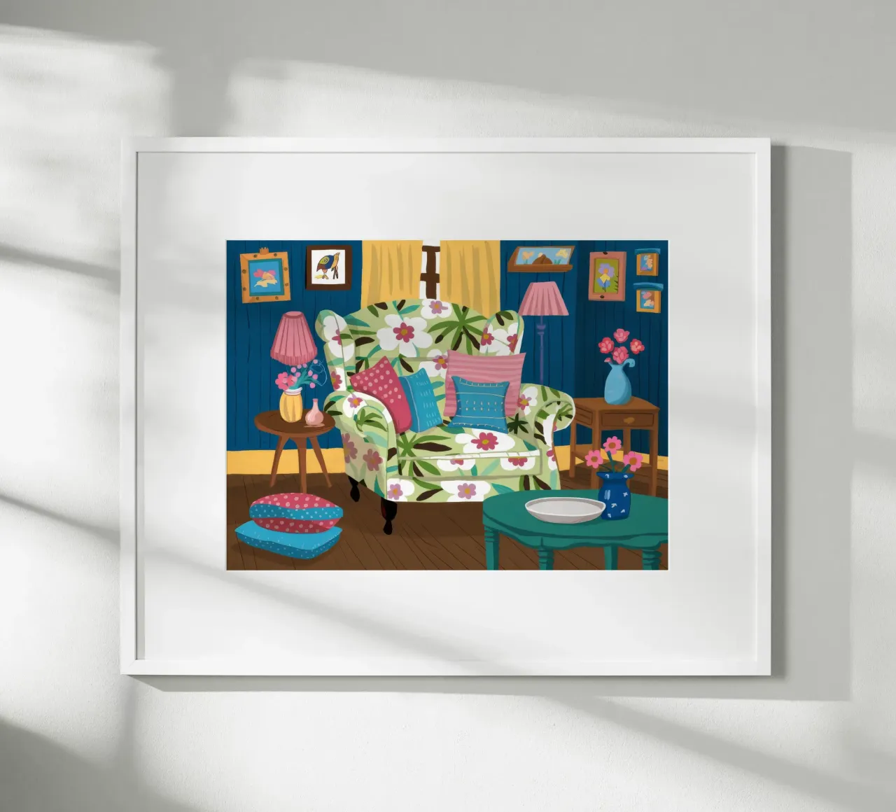 Divano blu Mix floreale poster con telaio in legno da Haven Fantasy