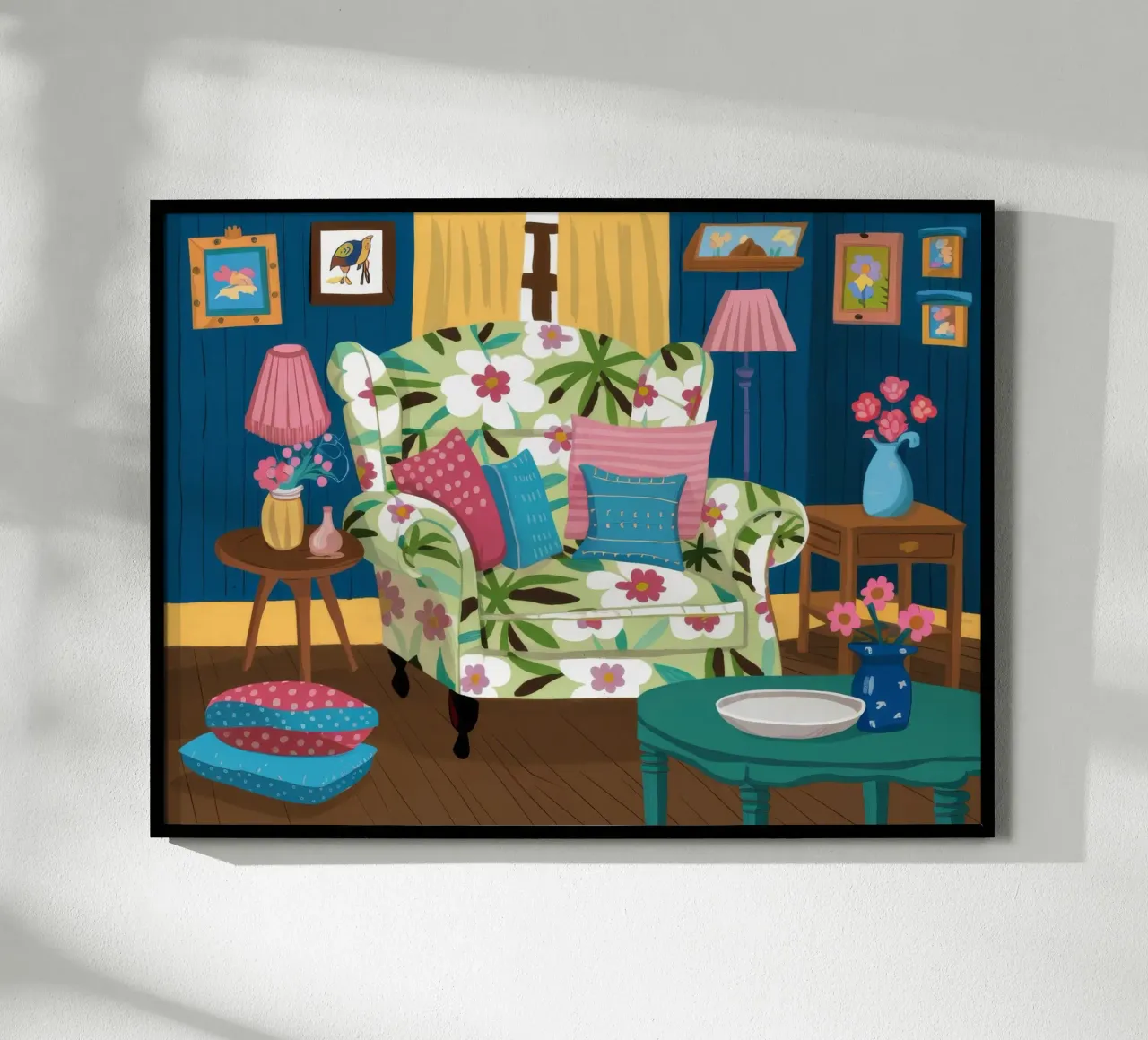 Divano blu Mix floreale poster con telaio in legno da Haven Fantasy