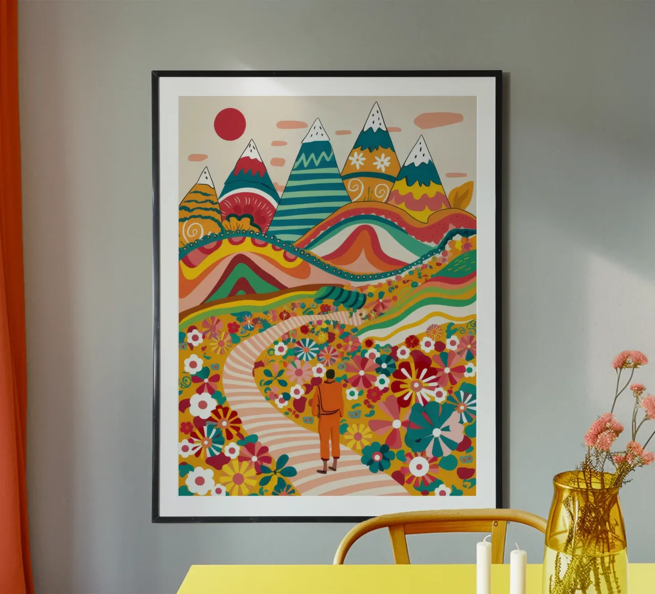Colline floreali psichedeliche poster con telaio in legno da Muse Artworks