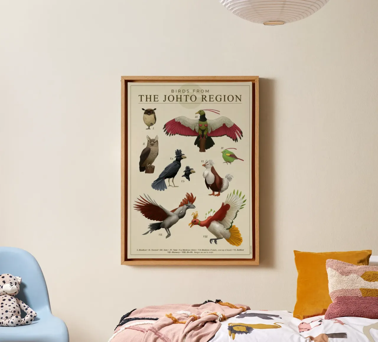 Poster degli uccelli della regione di Johto tela con Cornice a cassetta da Lacerdaprint