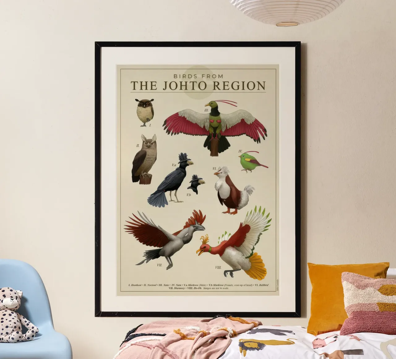 Poster degli uccelli della regione di Johto poster con telaio in legno da Lacerdaprint