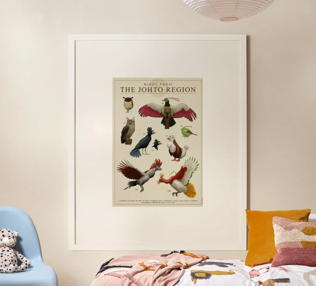 Poster degli uccelli della regione di Johto poster con telaio in legno da Lacerdaprint