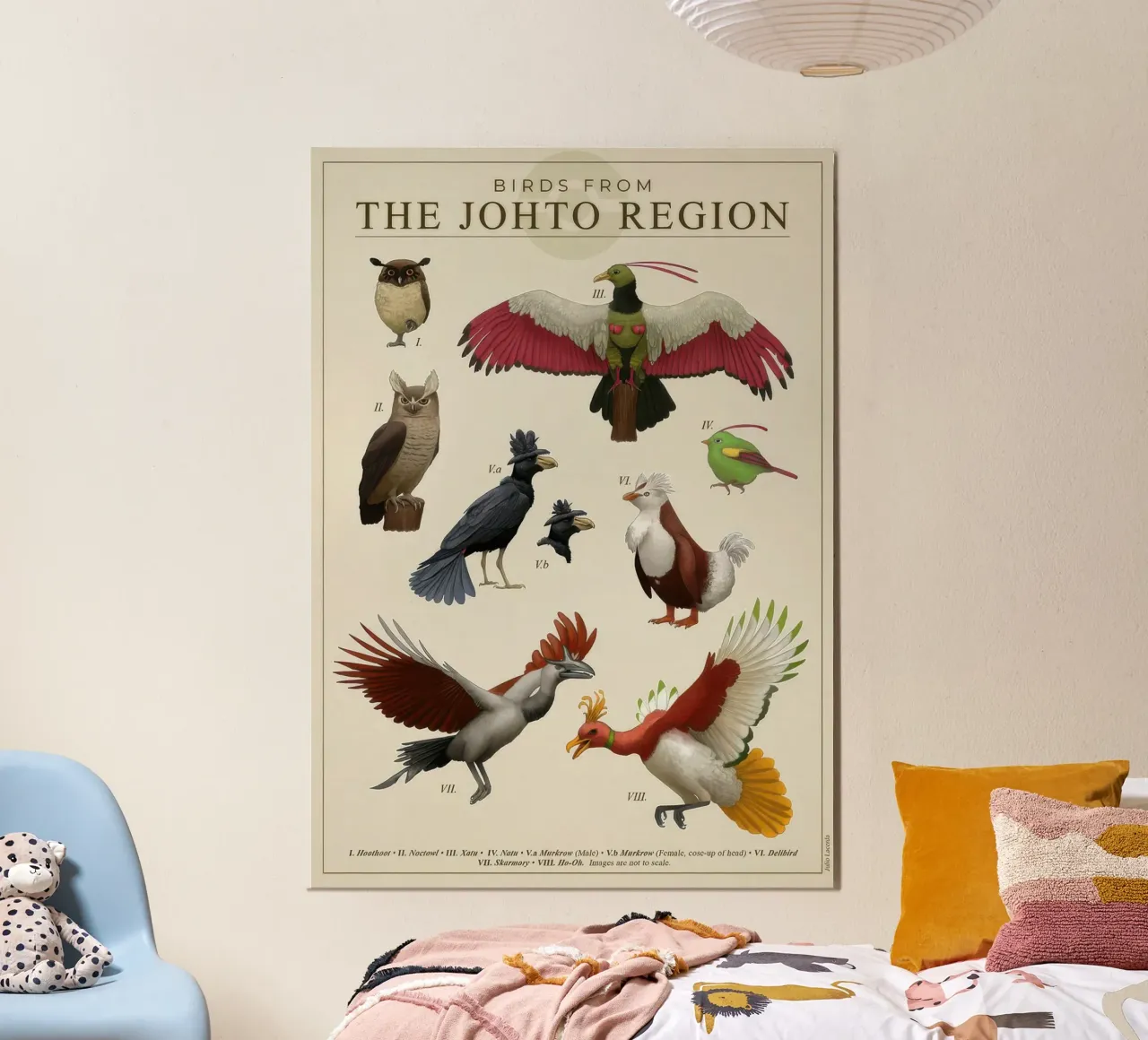 Poster degli uccelli della regione di Johto poster con telaio in legno da Lacerdaprint