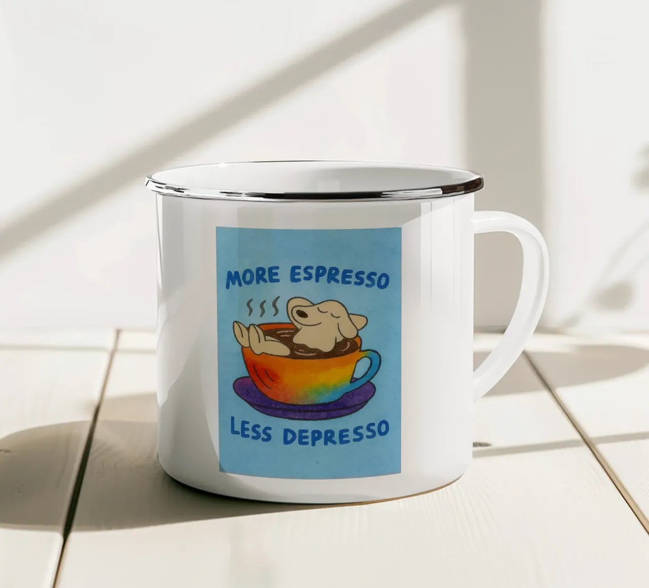 More Espresso Less Depresso tazza in smalto da onelove
