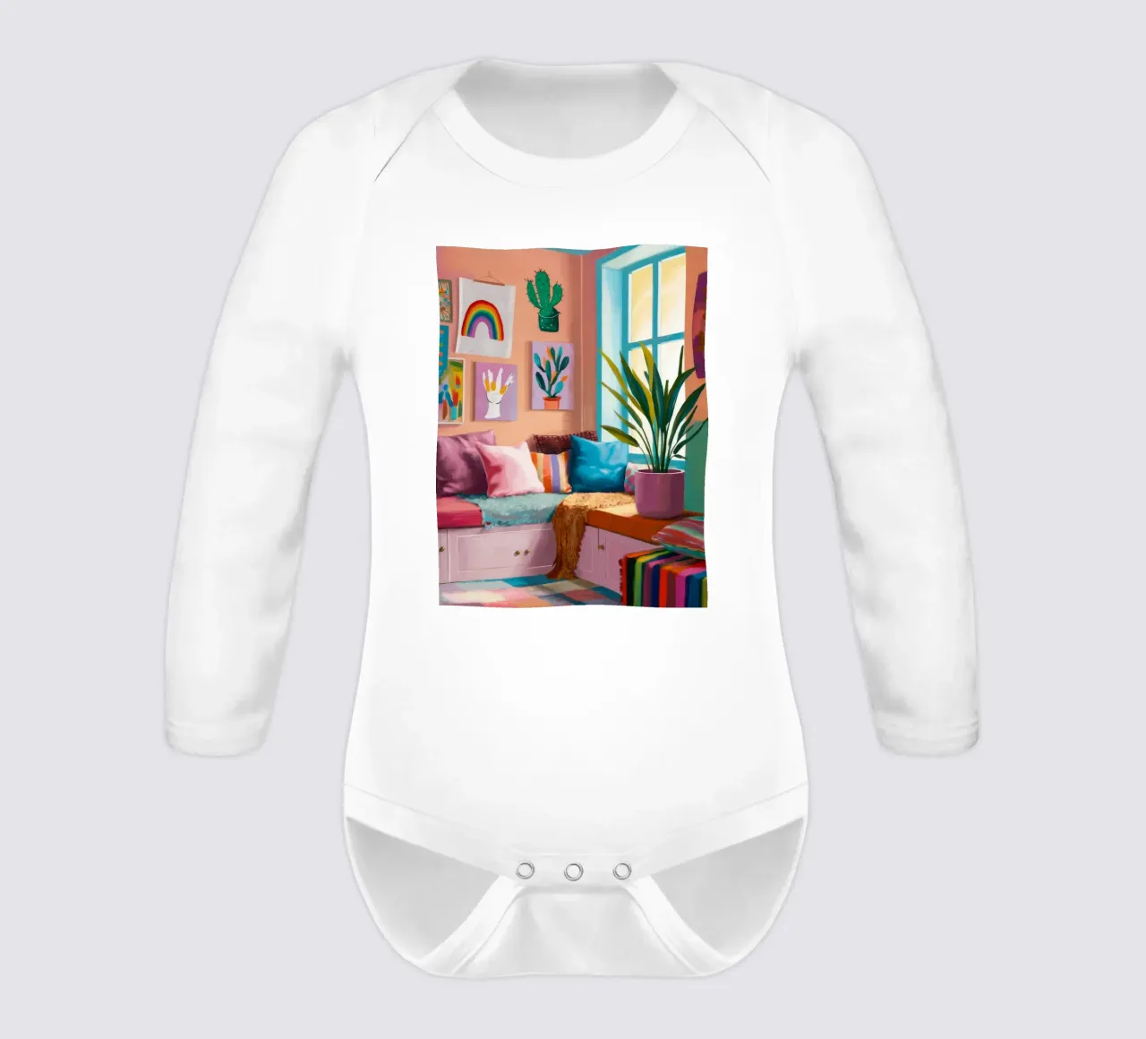 Rainbow Reading Nook long-sleeve baby romper by Haven Fantasy