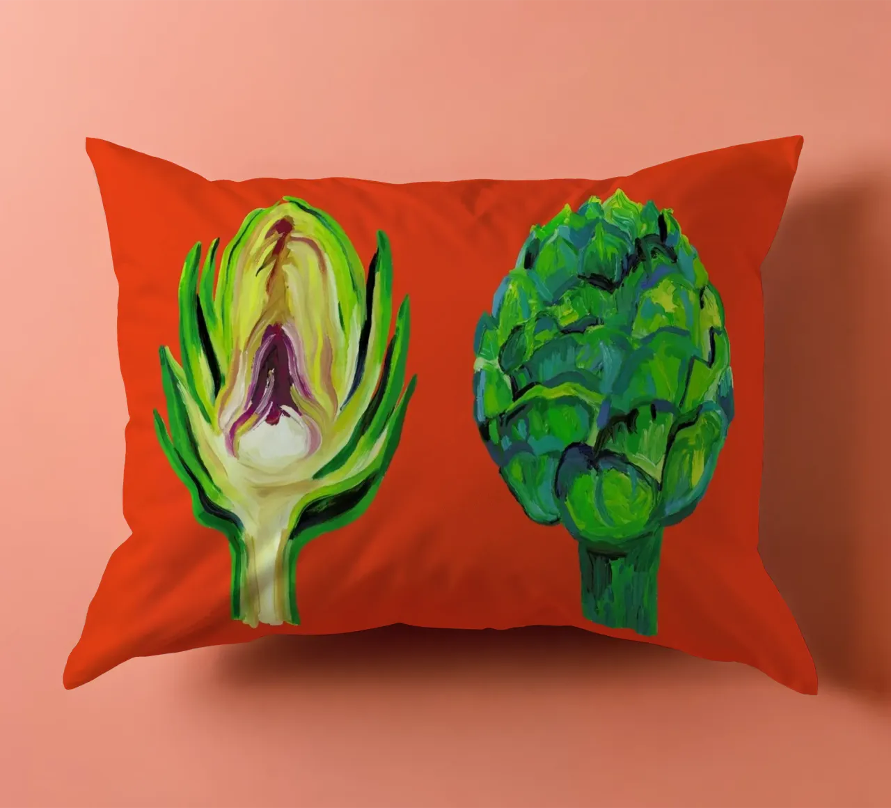 Artichokes On Orange cuscino da Alice Straker