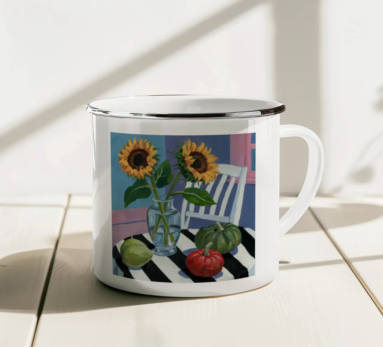 Sunflower Window View enamel mug by Fable Tempa