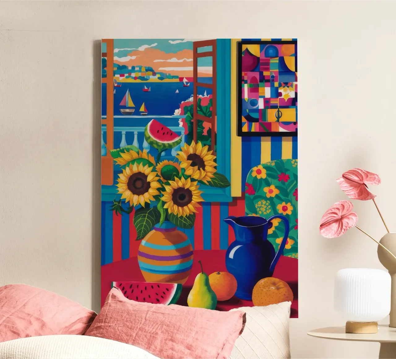 Zonnebloemsymfonie aan zee canvas met Baklijst van Tiga Bersama