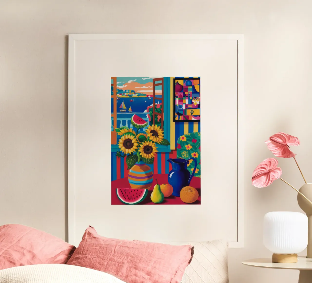 Sonnenblumensinfonie am Meer Poster mit Kunststoffrahmen von Tiga Bersama
