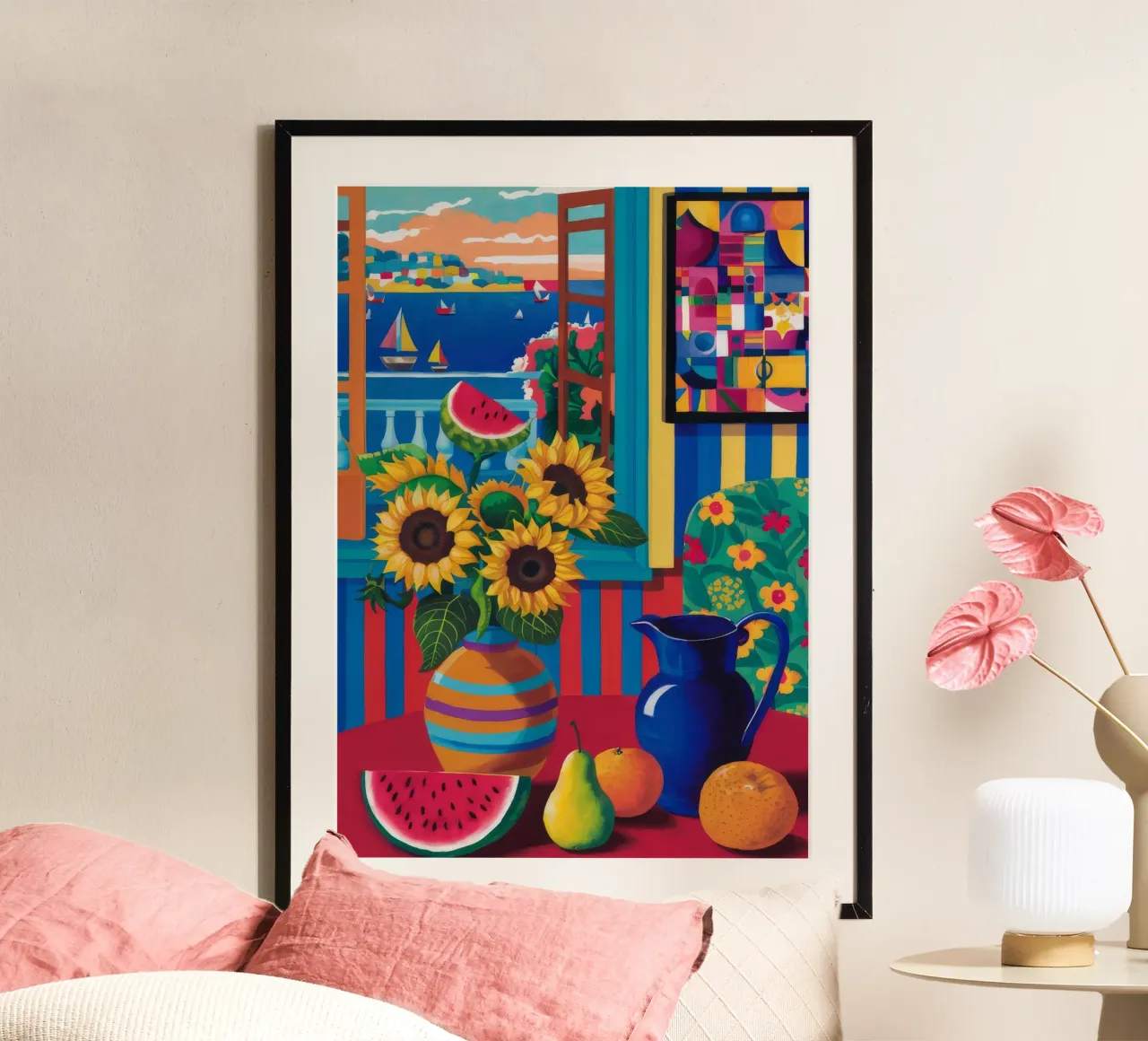 Sonnenblumensinfonie am Meer Poster mit Kunststoffrahmen von Tiga Bersama