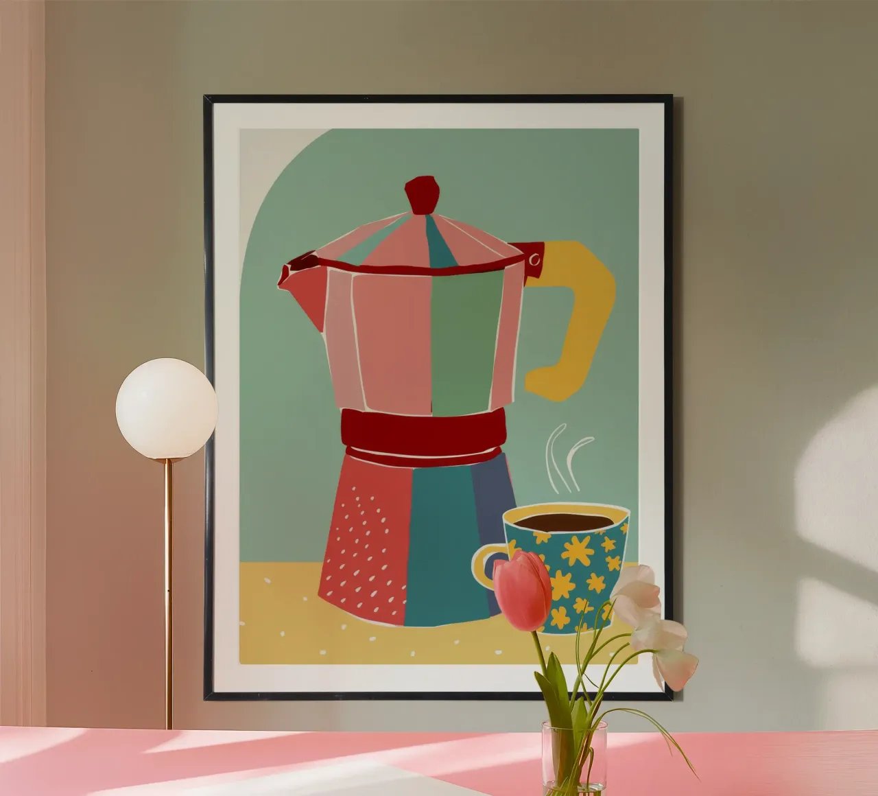 Mattina in caffettiera Moka poster con telaio in plastica da Stone Decade