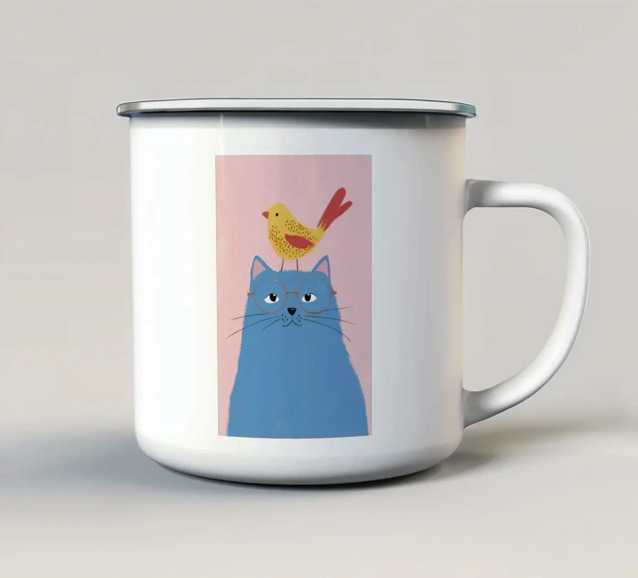 Gatto blu Uccello giallo tazza in smalto da Muse Artworks