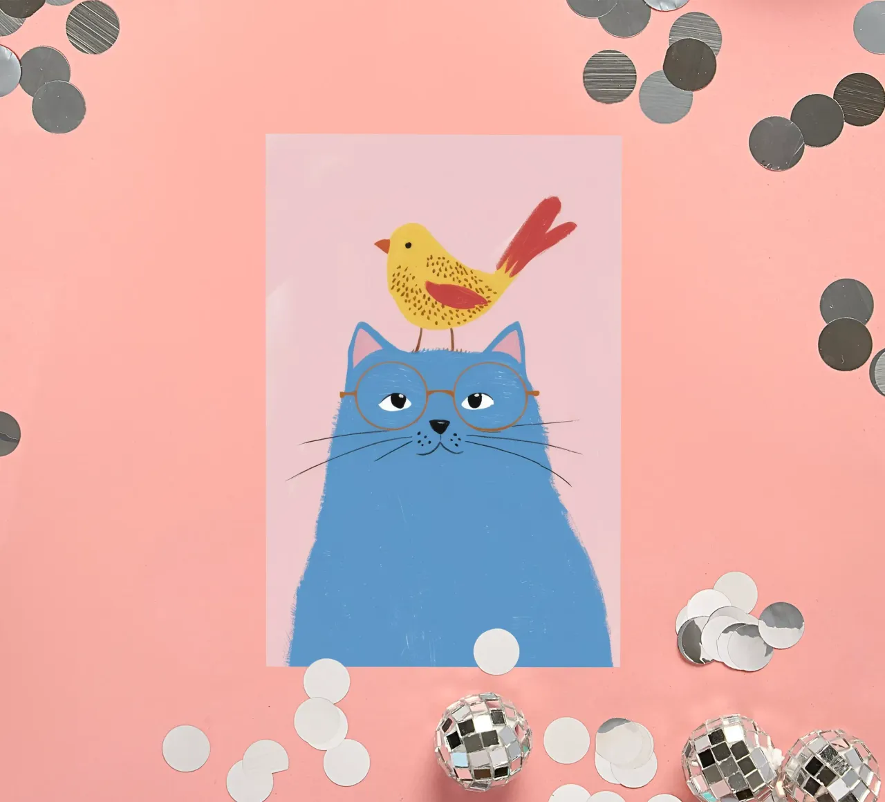 Chat bleu Oiseau jaune autocollant de Muse Artworks