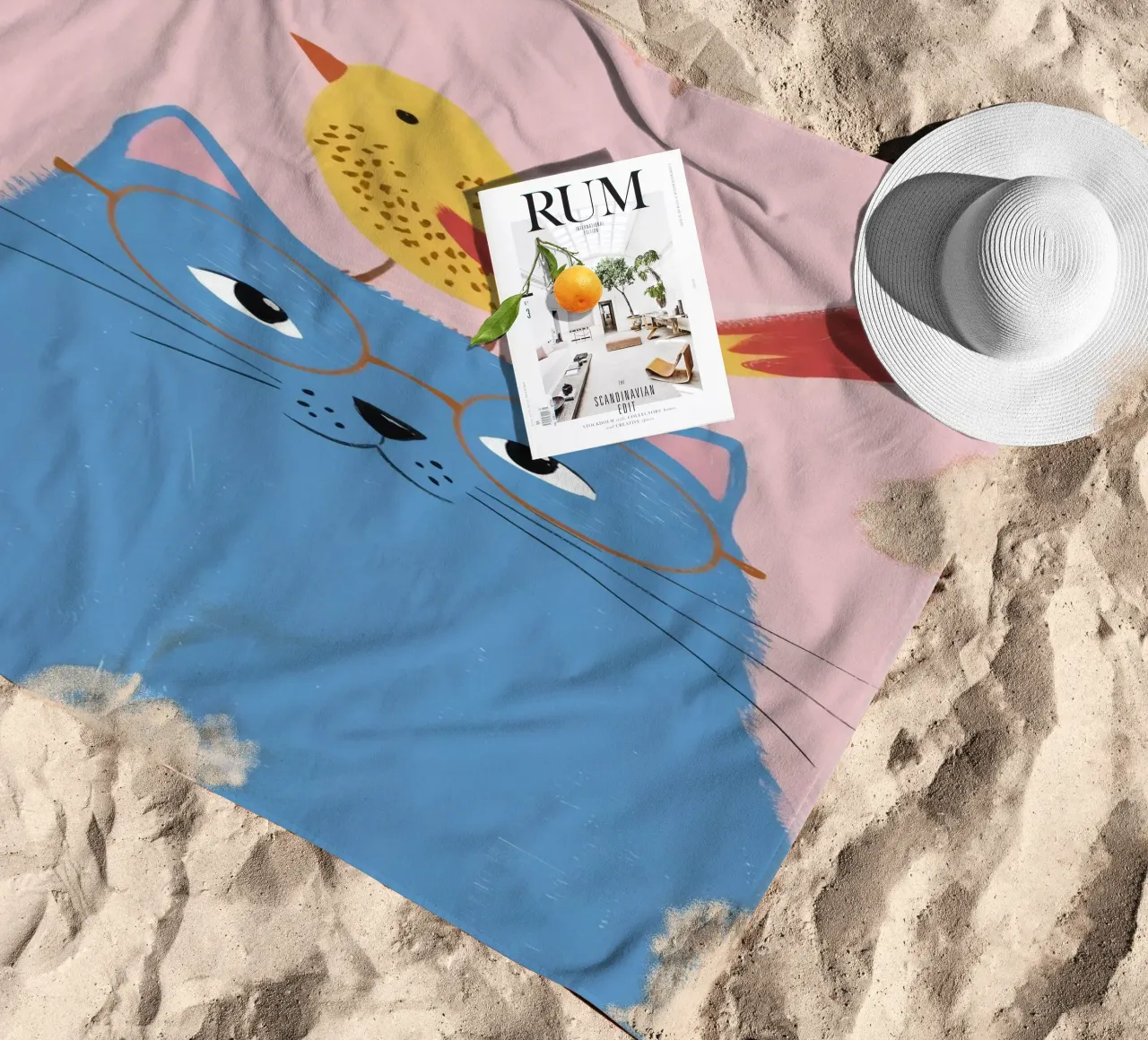 Blue Cat Yellow Bird beach towel by Muse Artworks