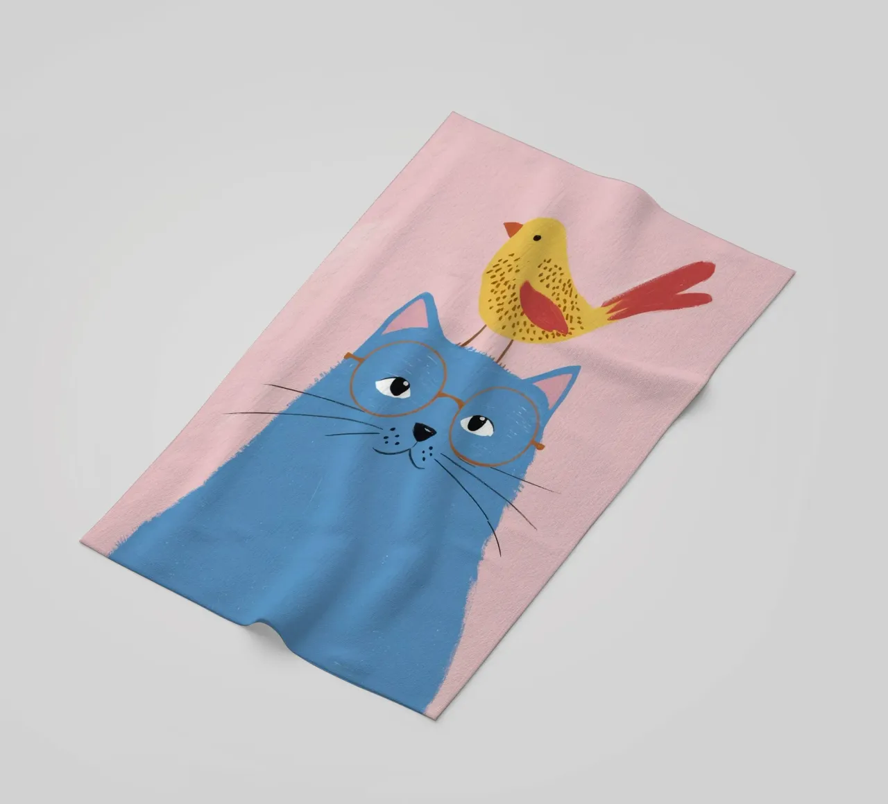 Blue Cat Yellow Bird beach towel by Muse Artworks