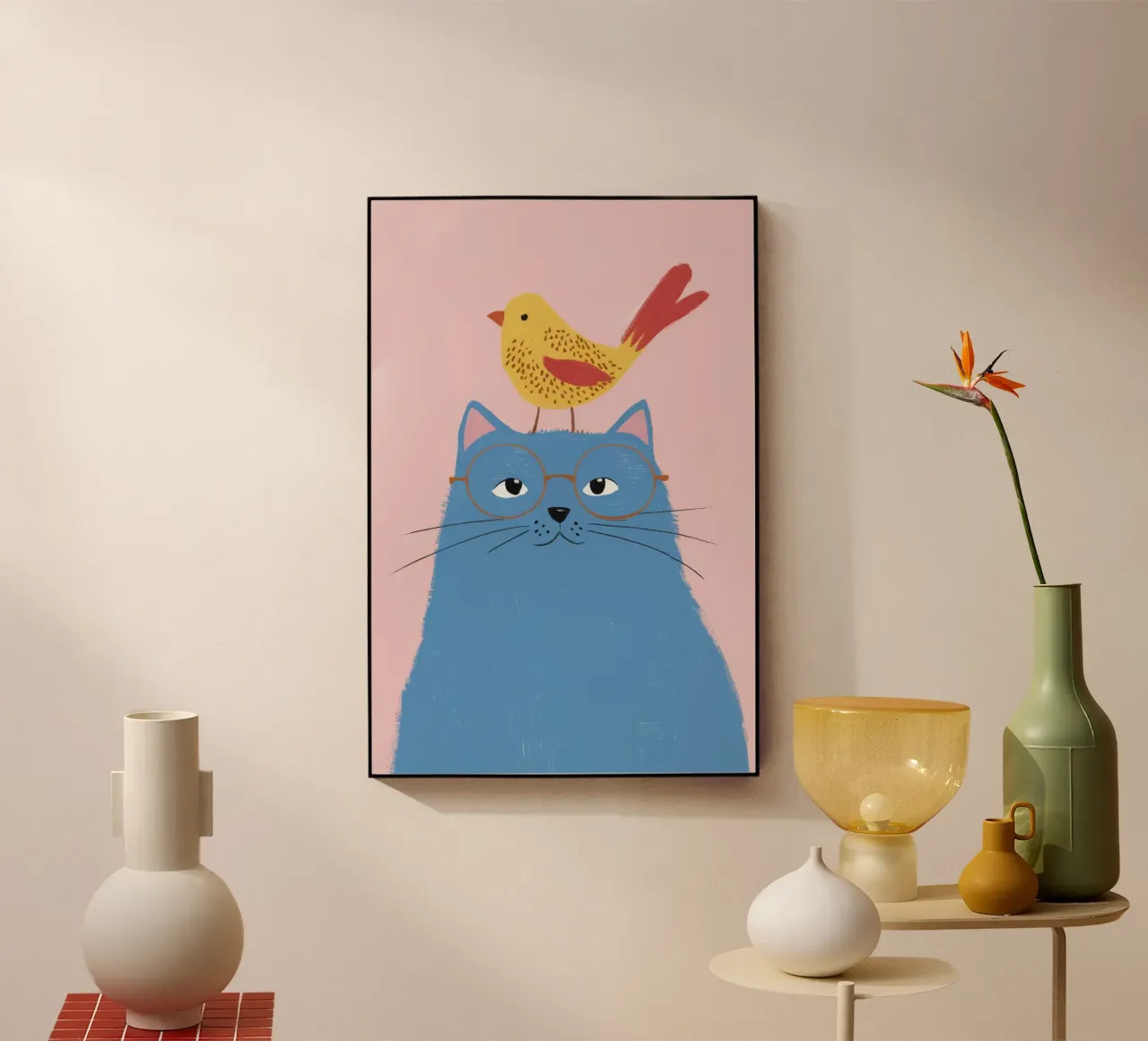 Chat bleu Oiseau jaune plexiglas de Muse Artworks