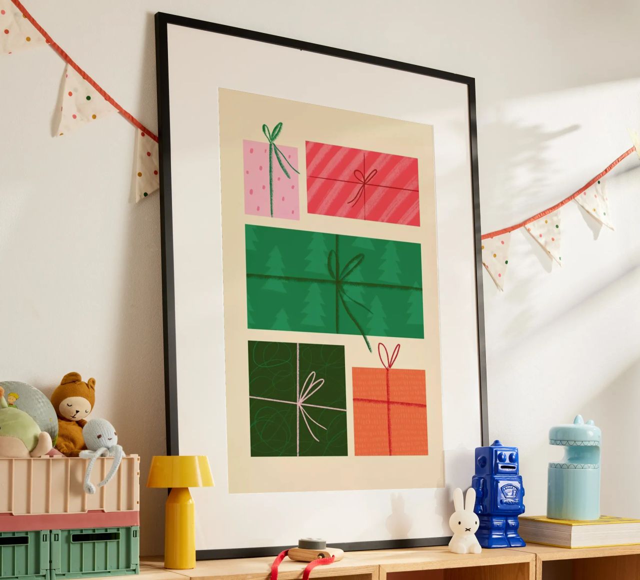Pile Of Presents poster met kunststof frame van Studio One
