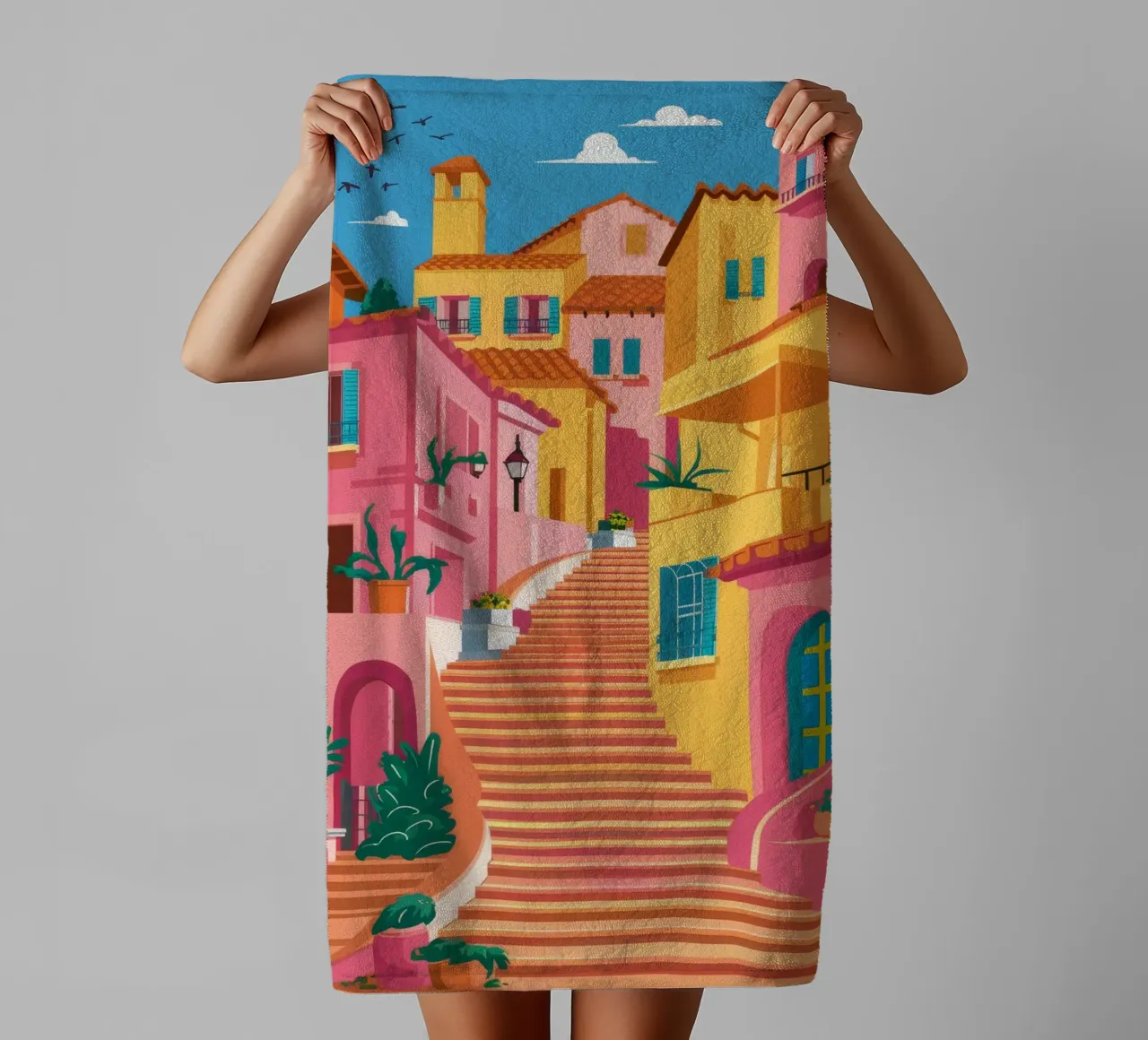 Pink Town Winding Steps towel by FadeAura