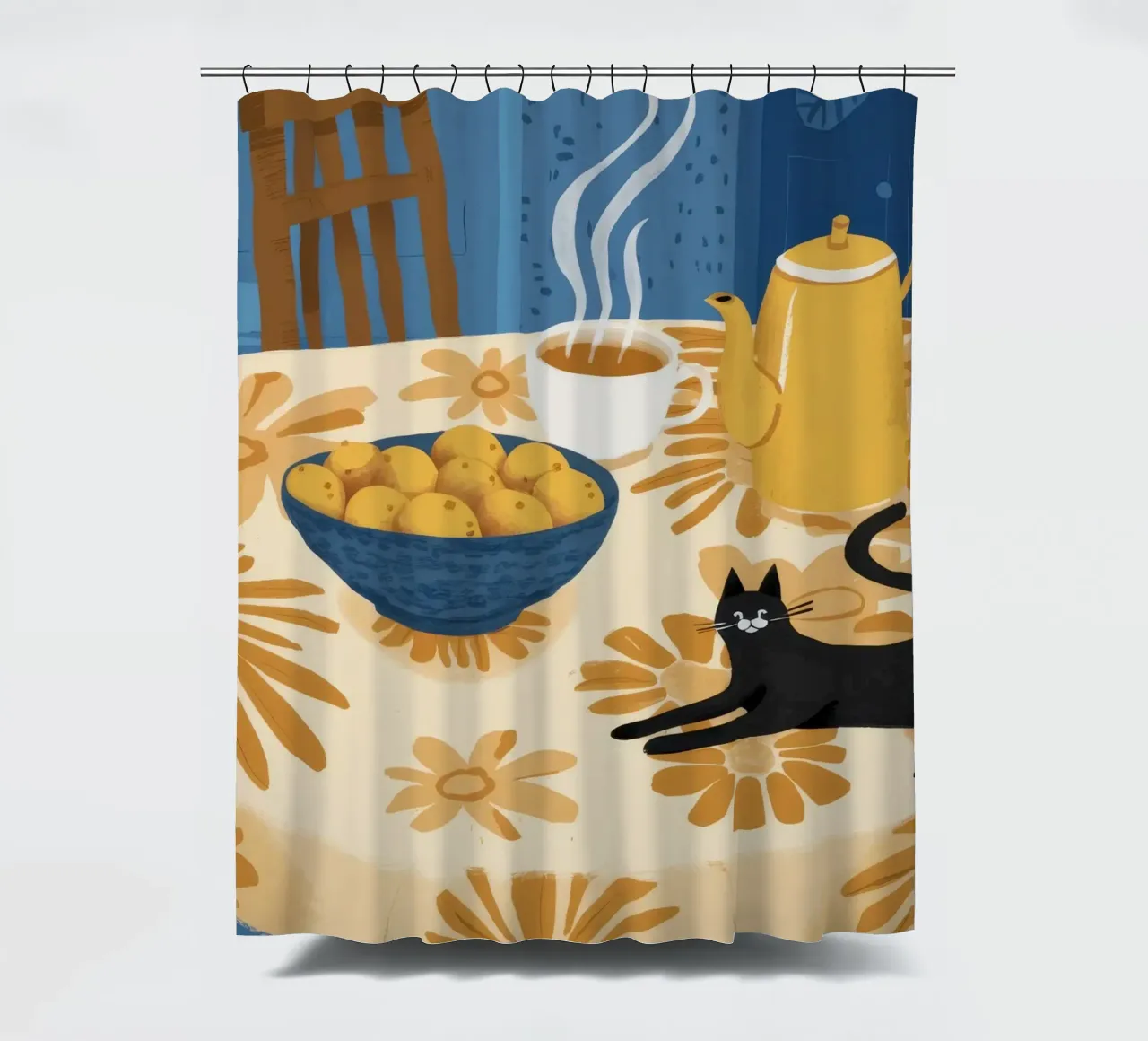 Table Cat Contemplation shower curtain by Stone Decade