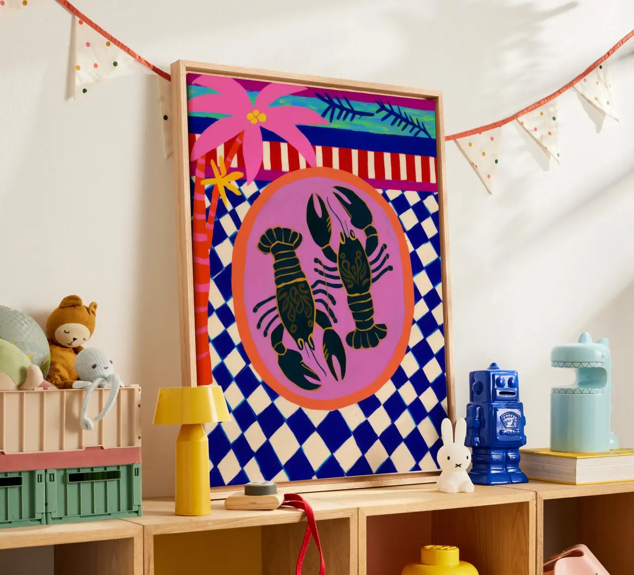 Karmozijnrode kreeft canvas met Baklijst van Stone Decade