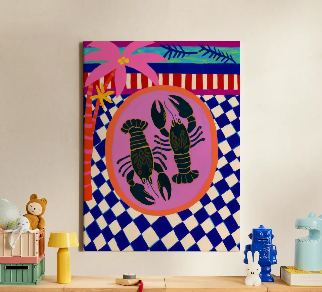 Karmozijnrode kreeft canvas met Baklijst van Stone Decade