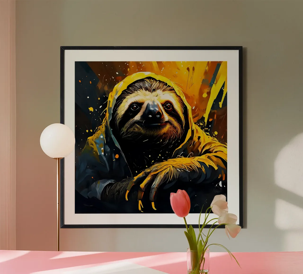 Bradipo_Stile_G_1 poster con telaio in legno da Tierisch bunt by LK