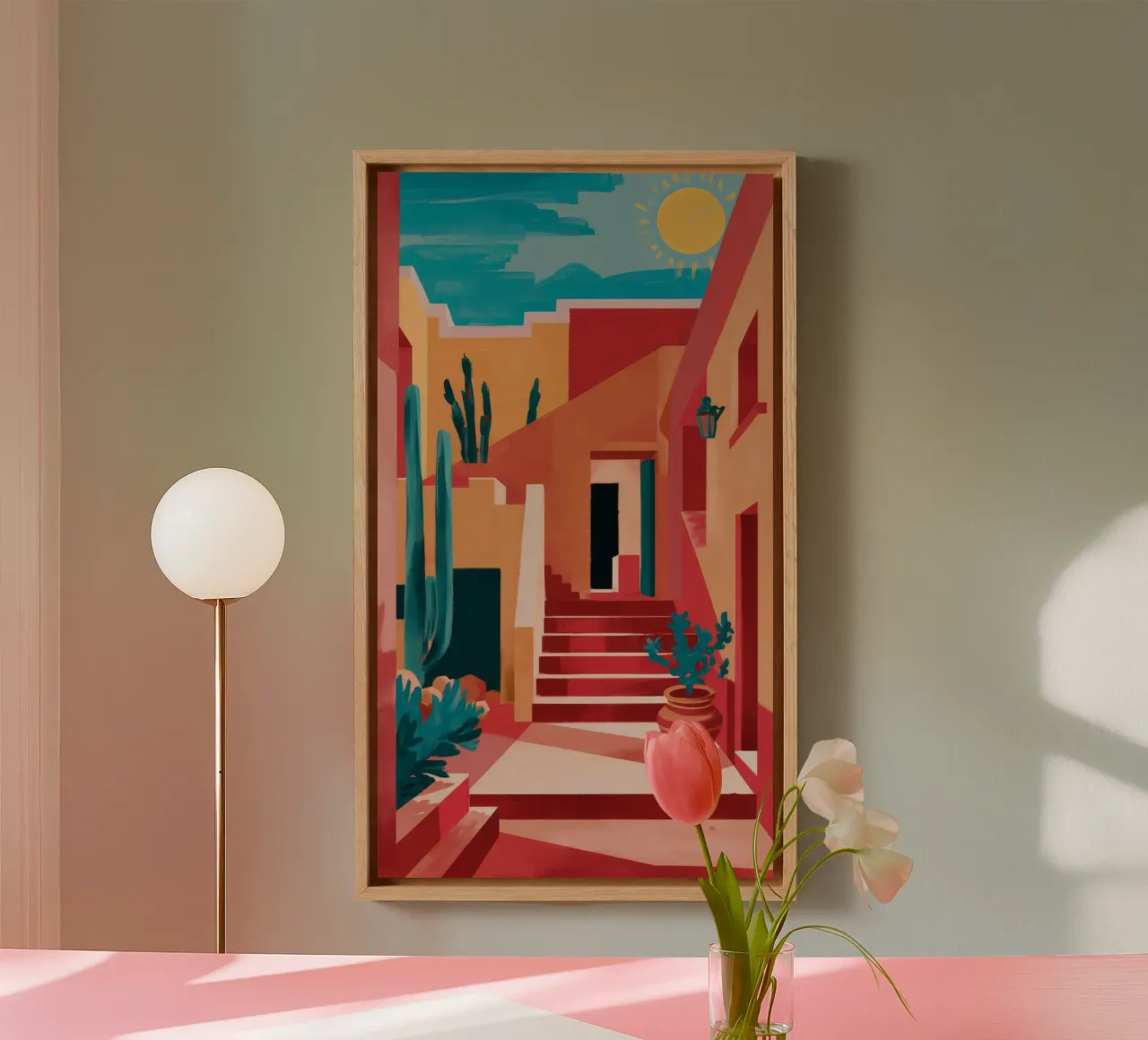 Pink Building Palm Trees canvas with Floater frame by FadeAura