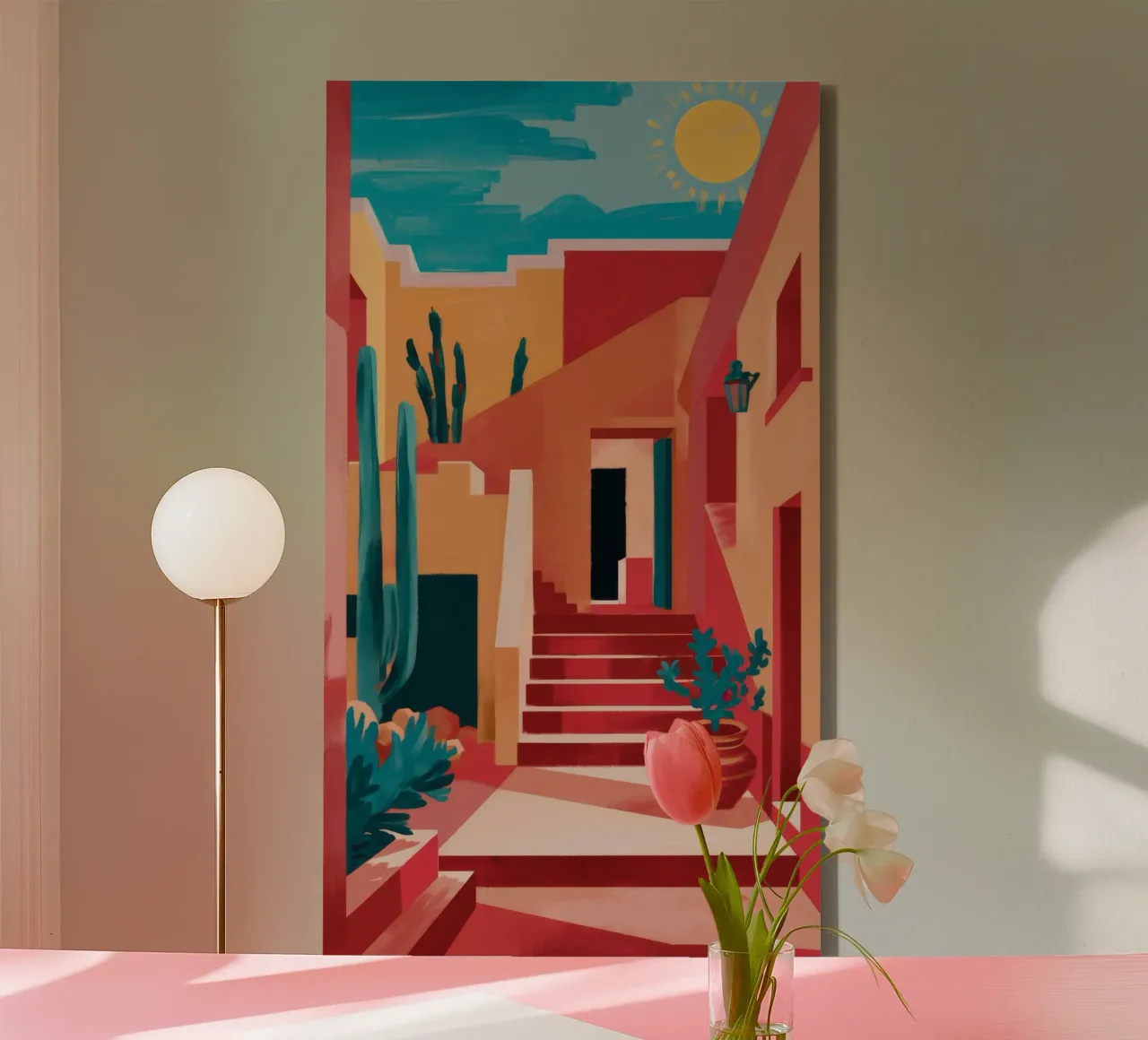 Pink Building Palm Trees canvas with Floater frame by FadeAura