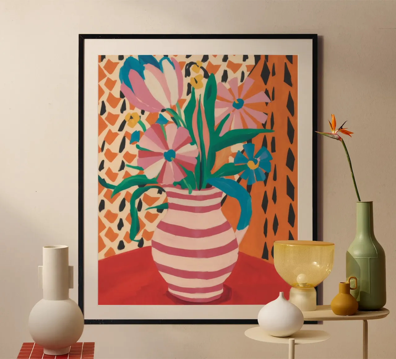 Sogno di tulipani a righe poster con telaio in legno da Fable Tempa