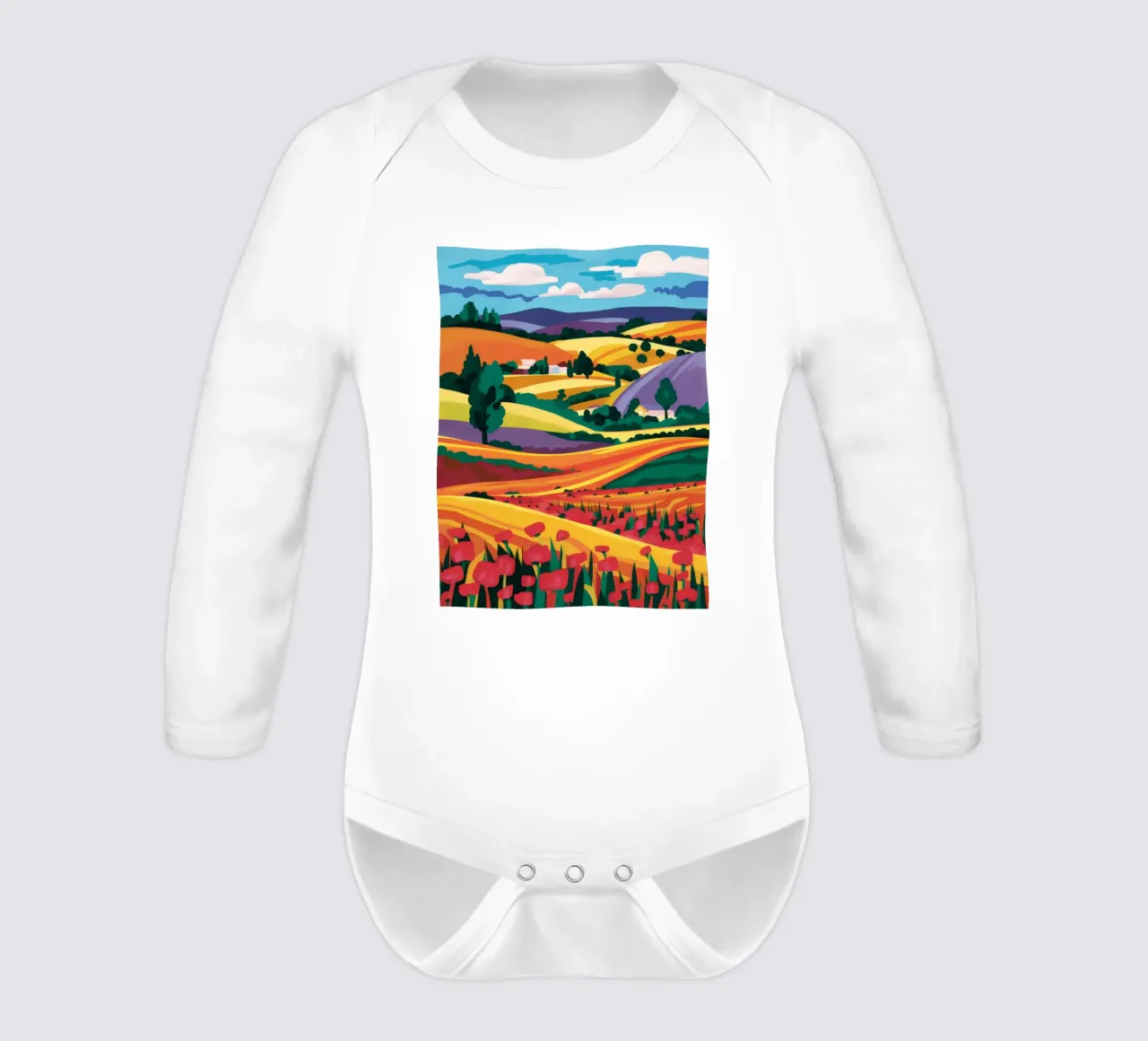 Rolling Lavender Fields long-sleeve baby romper by Muse Artworks