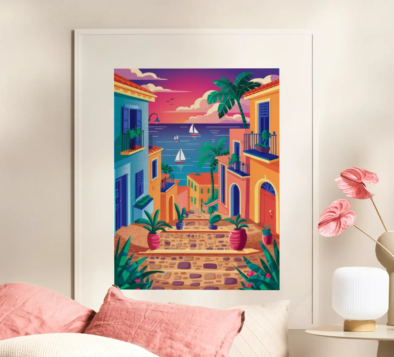 Vista del tramonto in barca a vela poster con telaio in alluminio da FadeAura