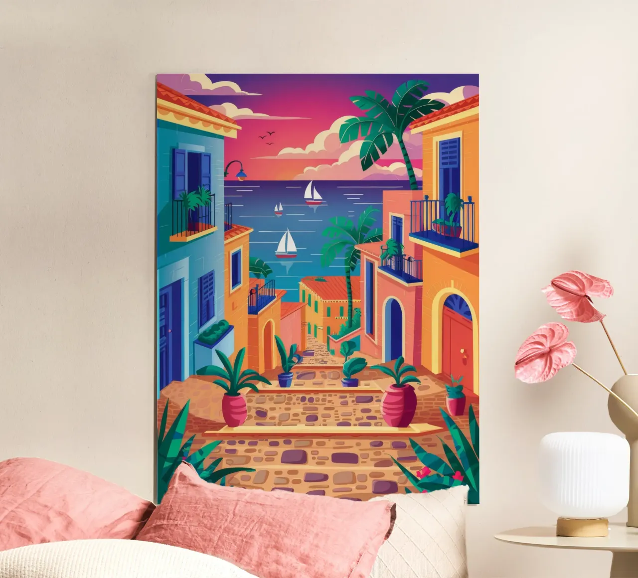 Vista del tramonto in barca a vela poster con telaio in alluminio da FadeAura