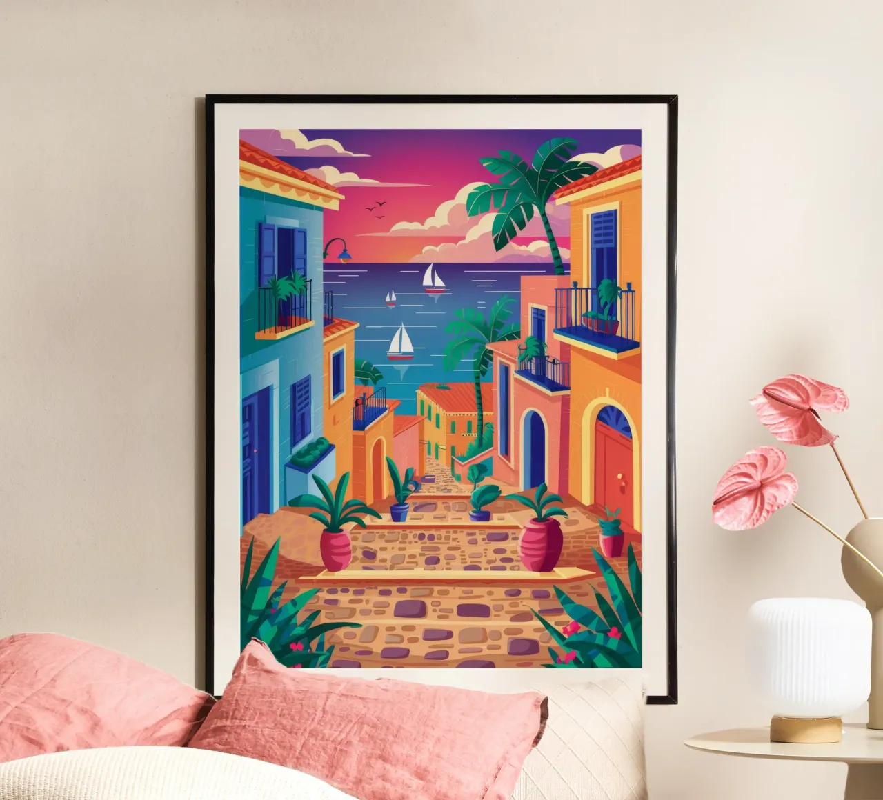 Vista del tramonto in barca a vela poster con telaio in alluminio da FadeAura