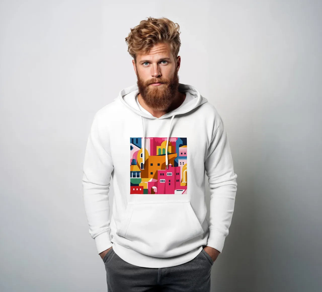 Città collinare colorata felpa con cappuccio da Muse Artworks