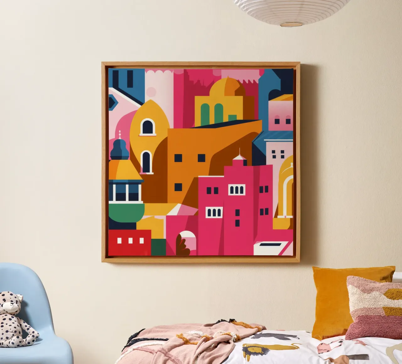 Città collinare colorata tela con Cornice a cassetta da Muse Artworks