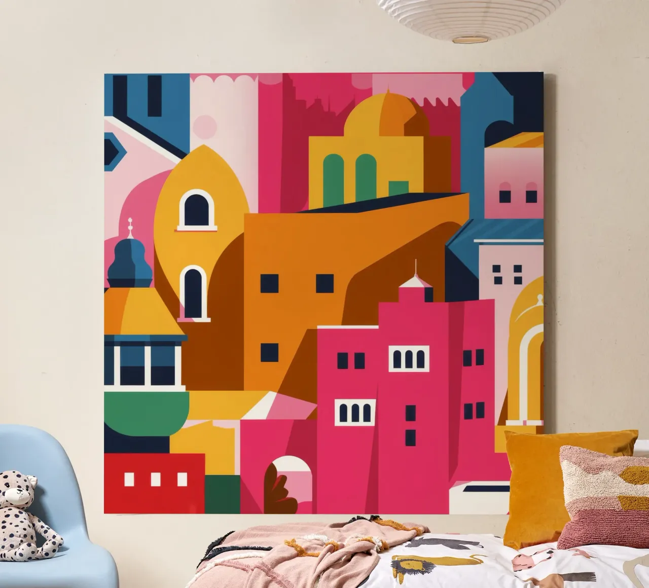 Città collinare colorata tela con Cornice a cassetta da Muse Artworks