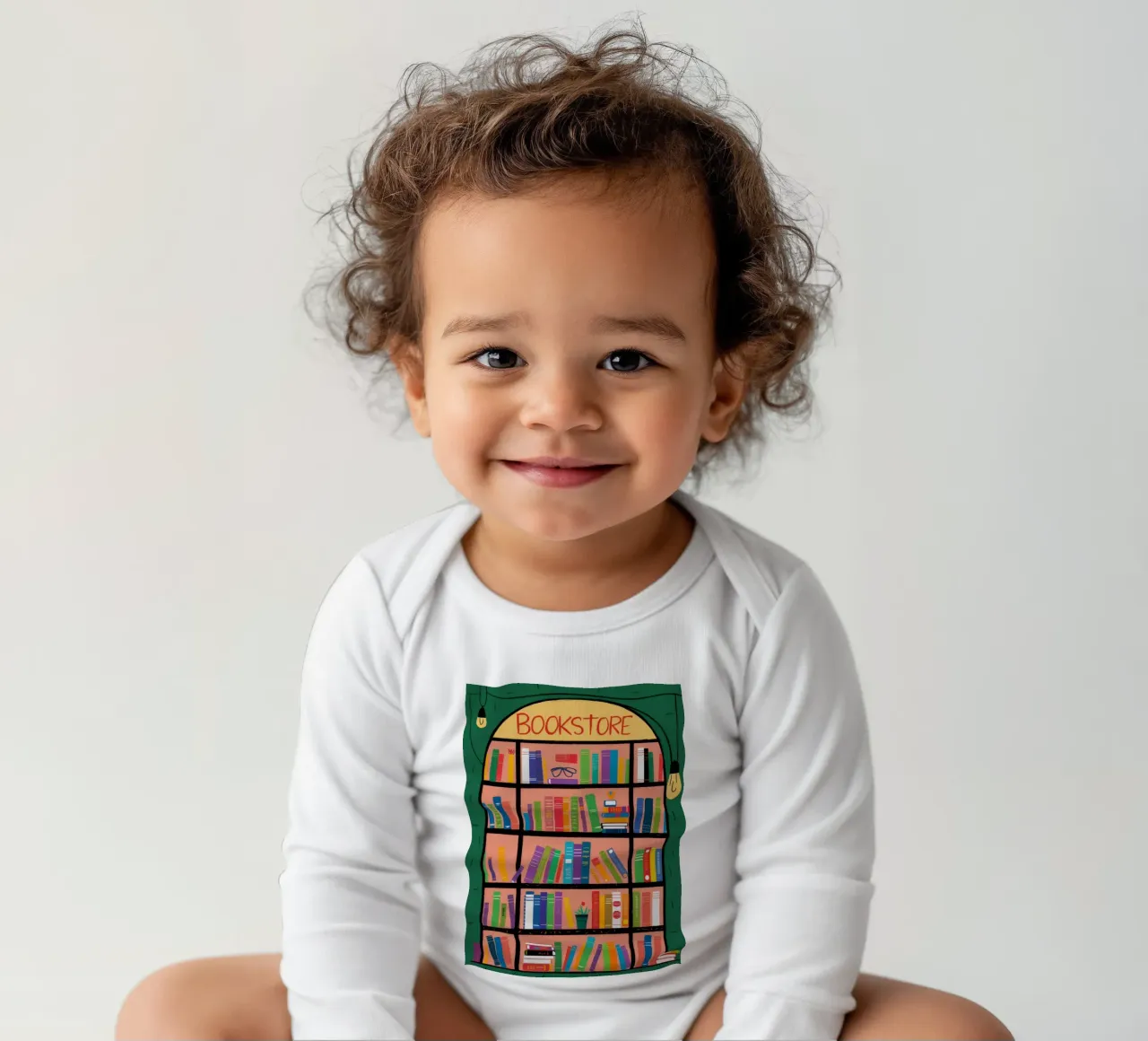 Bookstore Window Wonder long-sleeve baby romper by Muse Artworks