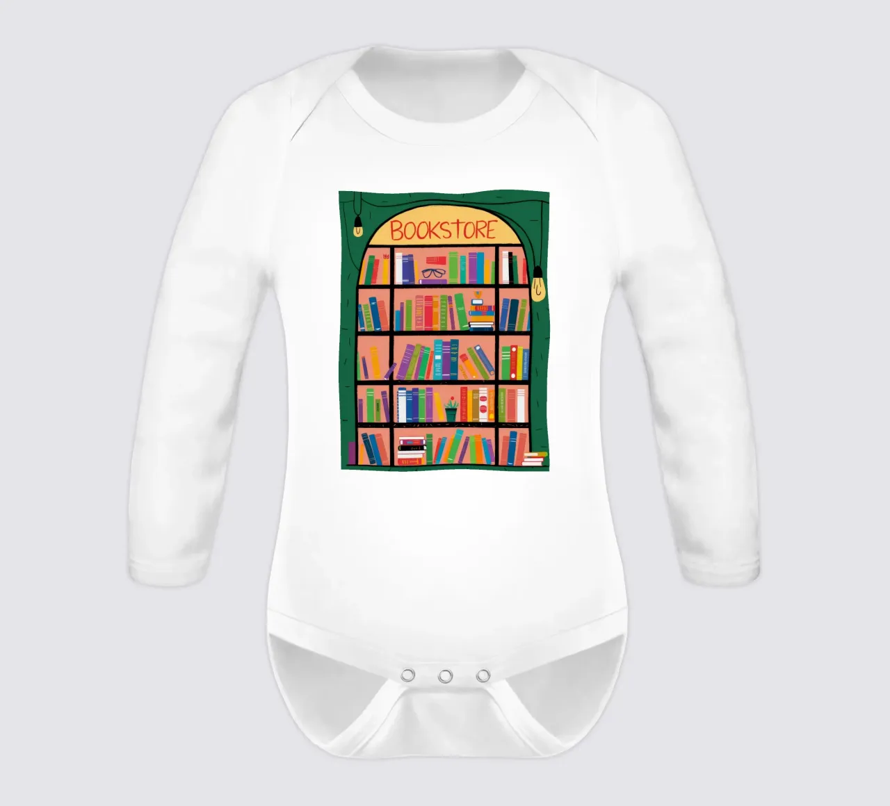 Bookstore Window Wonder long-sleeve baby romper by Muse Artworks