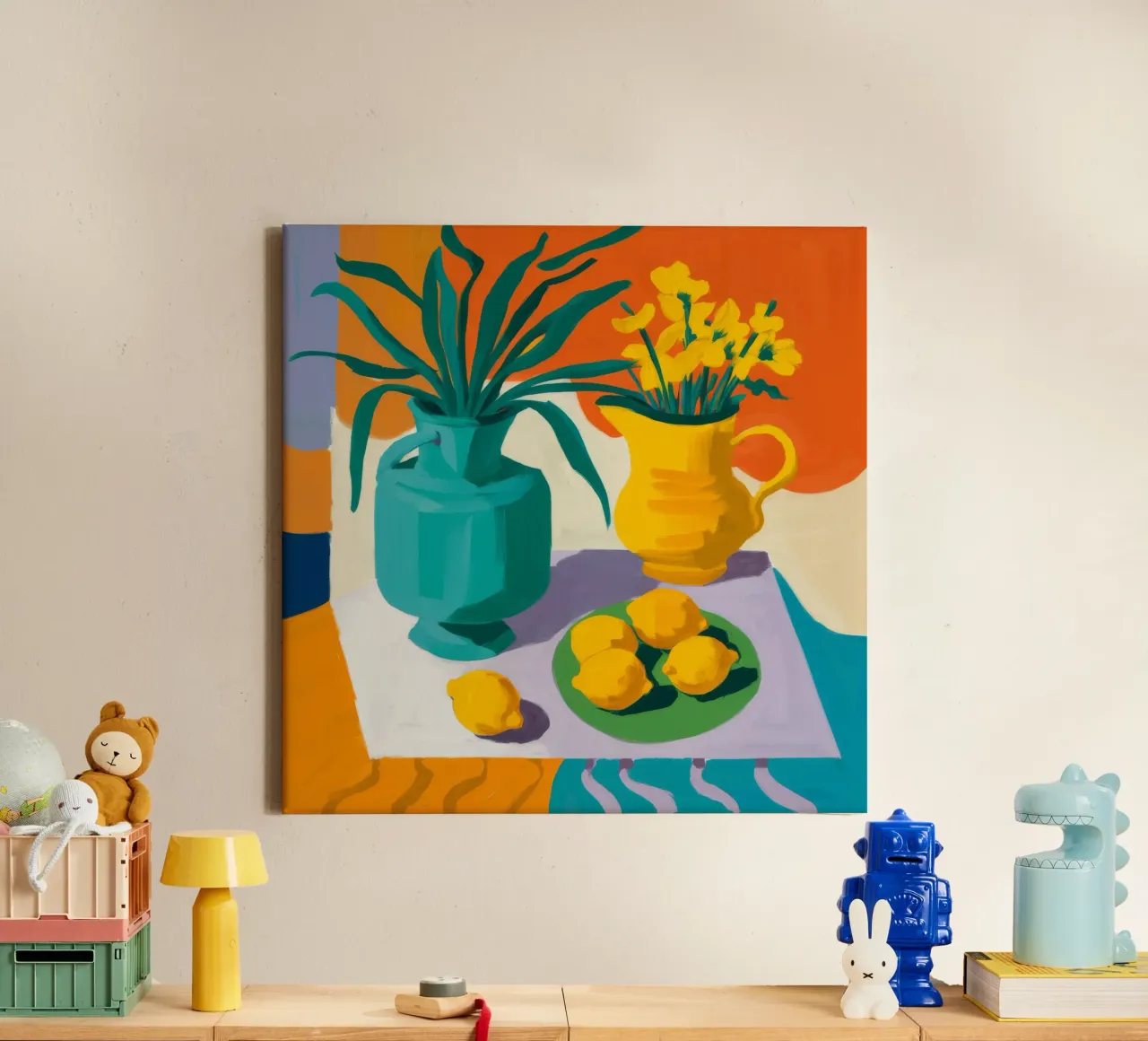 Gelbe Vase Zitrusfrüchte Leinwand mit Schattenfugenrahmen von Fable Tempa