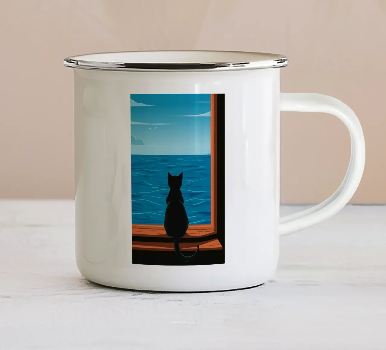Window Cat Seaview enamel mug by FadeAura