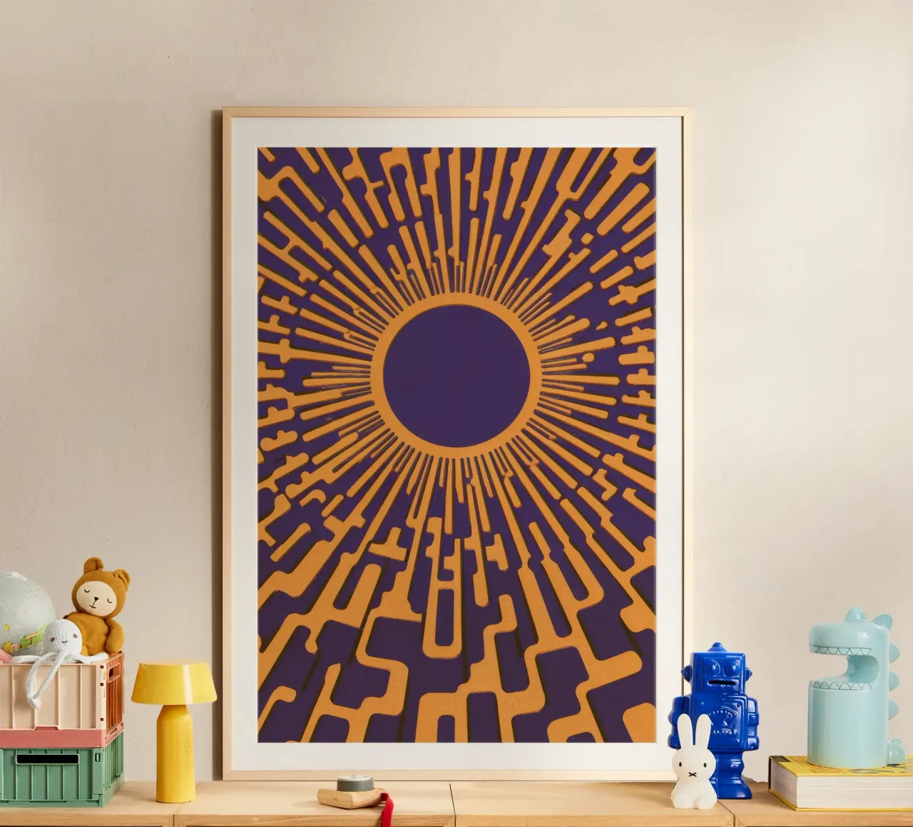 Indaco Sunburst Radiance poster con telaio in alluminio da Stone Decade