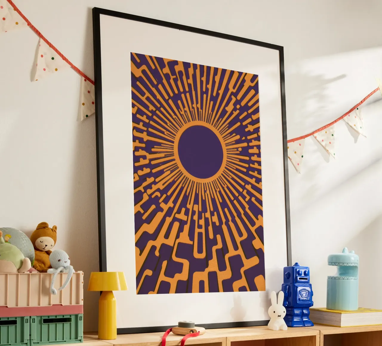 Indaco Sunburst Radiance poster con telaio in alluminio da Stone Decade