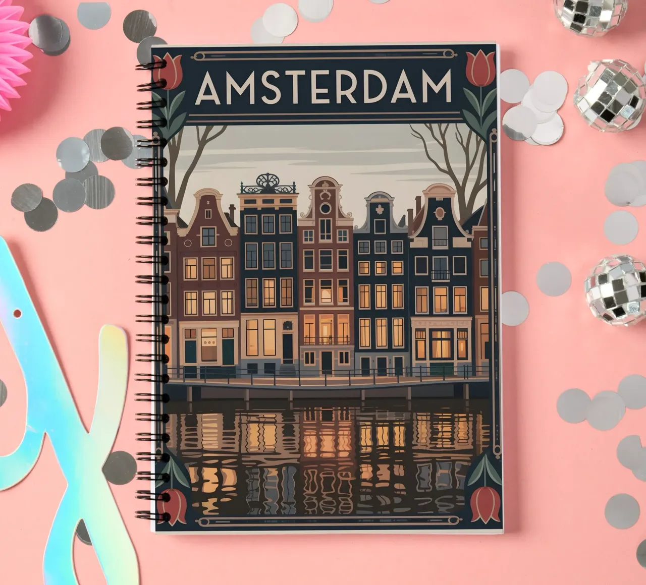 Amsterdam nostalgia travel poster spiral notebook by Vintage Travel Art