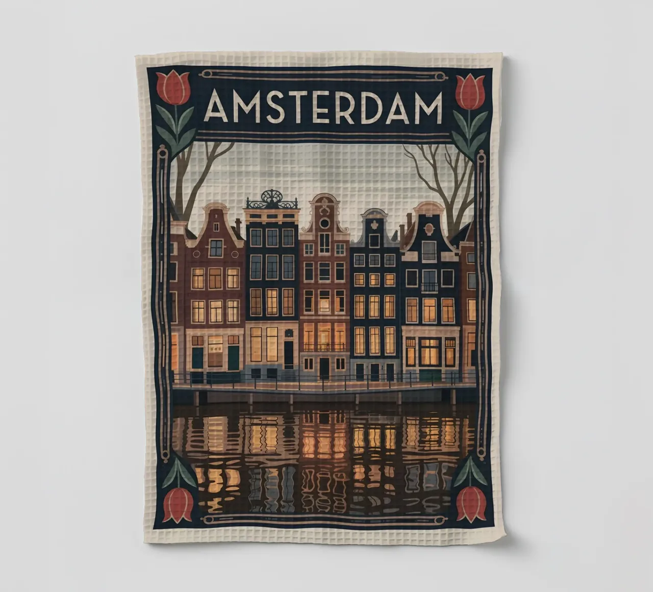 Poster di viaggio nostalgico di Amsterdam canovaccio da cucina da Vintage Travel Art